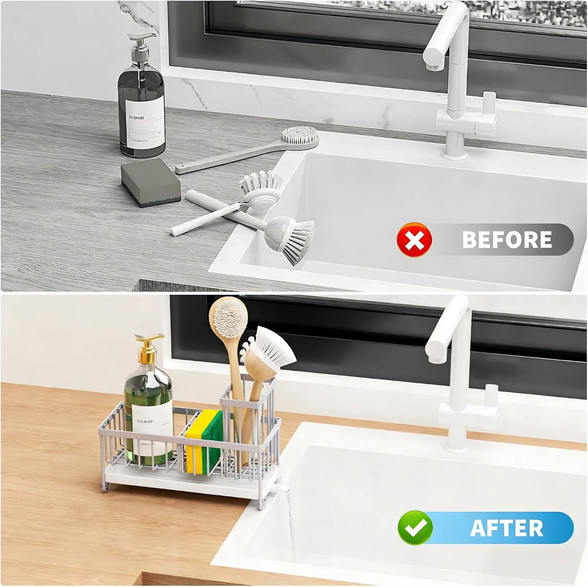 Cisily Sponge Holder for Kitchen Sink, Sink Organizer with Brush Holder | Kitchen Countertop Organizers and Storage Essentials, Rustproof 304 Stainless Steel (Black, 9.25″)