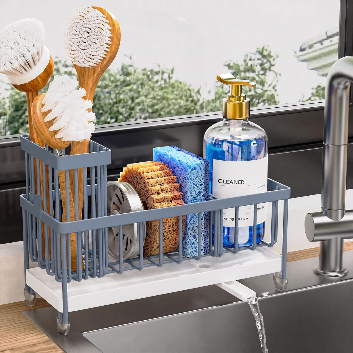 Cisily Sponge Holder for Kitchen Sink, Sink Organizer with Brush Holder | Kitchen Countertop Organizers and Storage Essentials, Rustproof 304 Stainless Steel (Black, 9.25″)