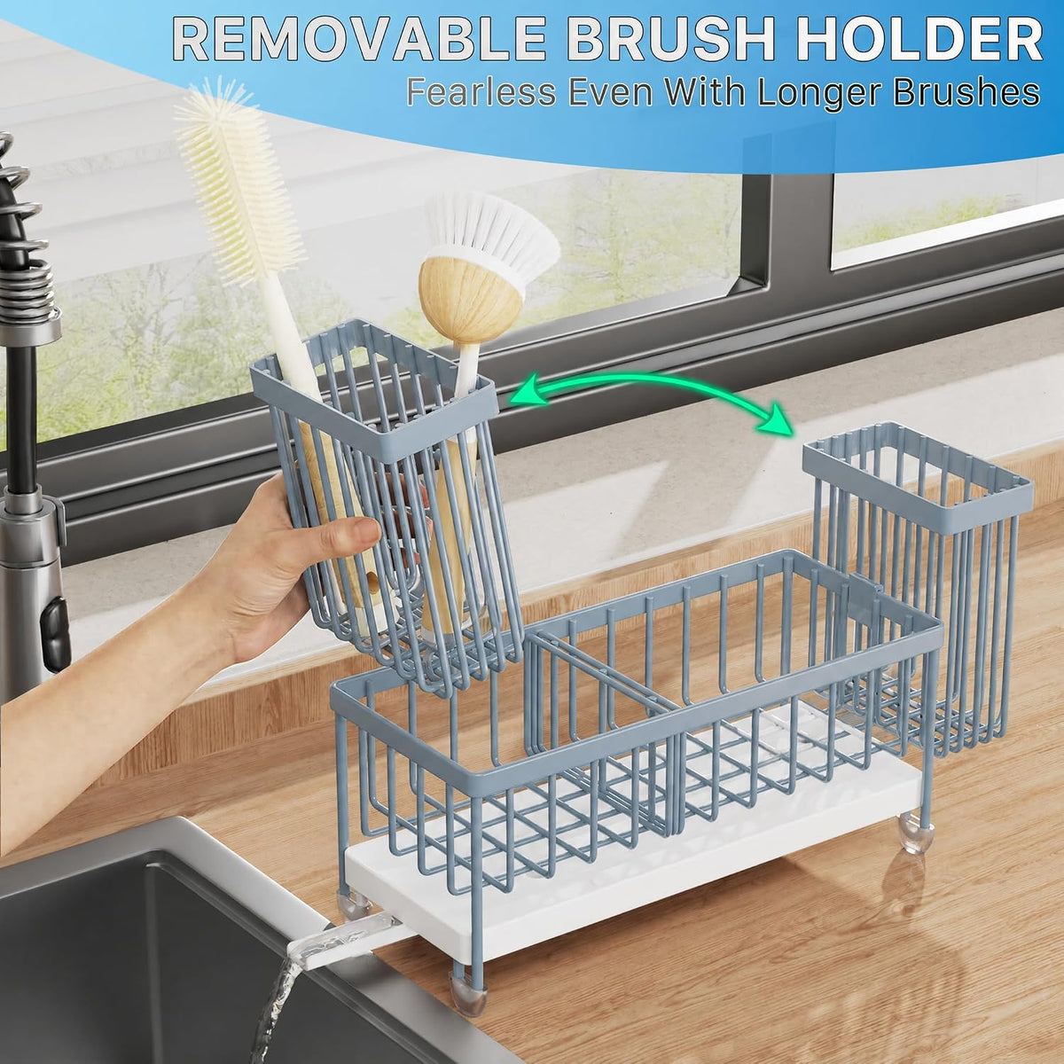 Cisily Sponge Holder for Kitchen Sink, Sink Organizer with Brush Holder | Kitchen Countertop Organizers and Storage Essentials, Rustproof 304 Stainless Steel (Black, 9.25″)