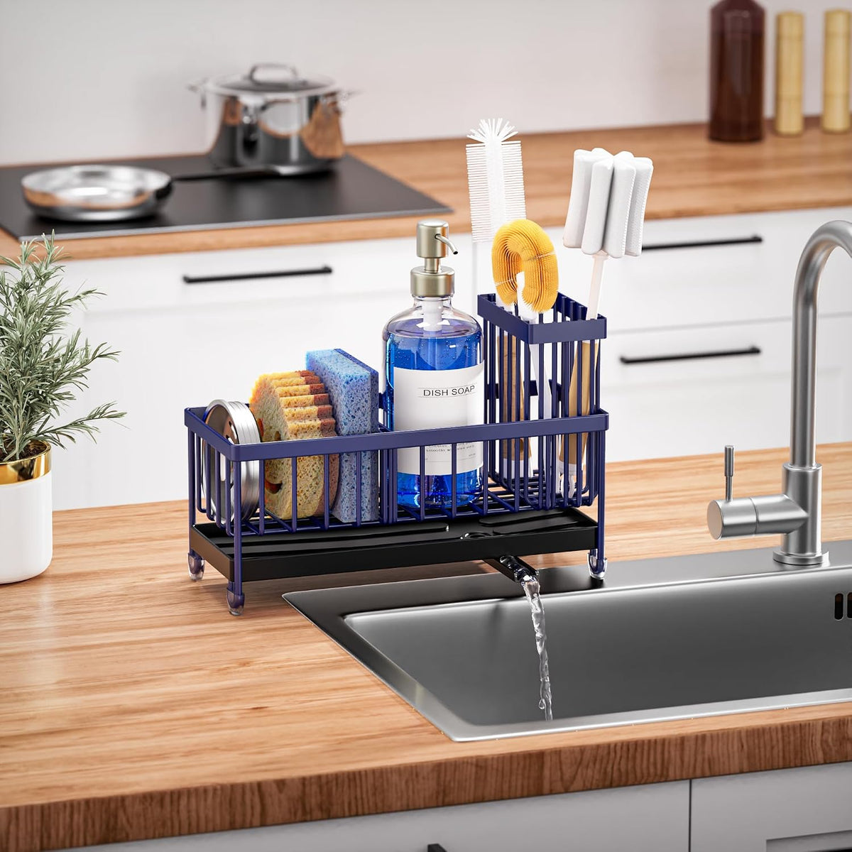 Cisily Sponge Holder for Kitchen Sink, Sink Organizer with Brush Holder | Kitchen Countertop Organizers and Storage Essentials, Rustproof 304 Stainless Steel (Black, 9.25″)