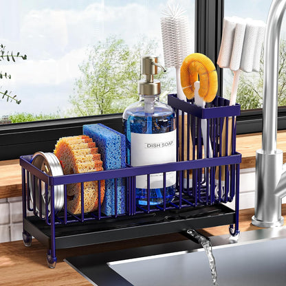 Cisily Sponge Holder for Kitchen Sink, Sink Organizer with Brush Holder | Kitchen Countertop Organizers and Storage Essentials, Rustproof 304 Stainless Steel (Black, 9.25″)
