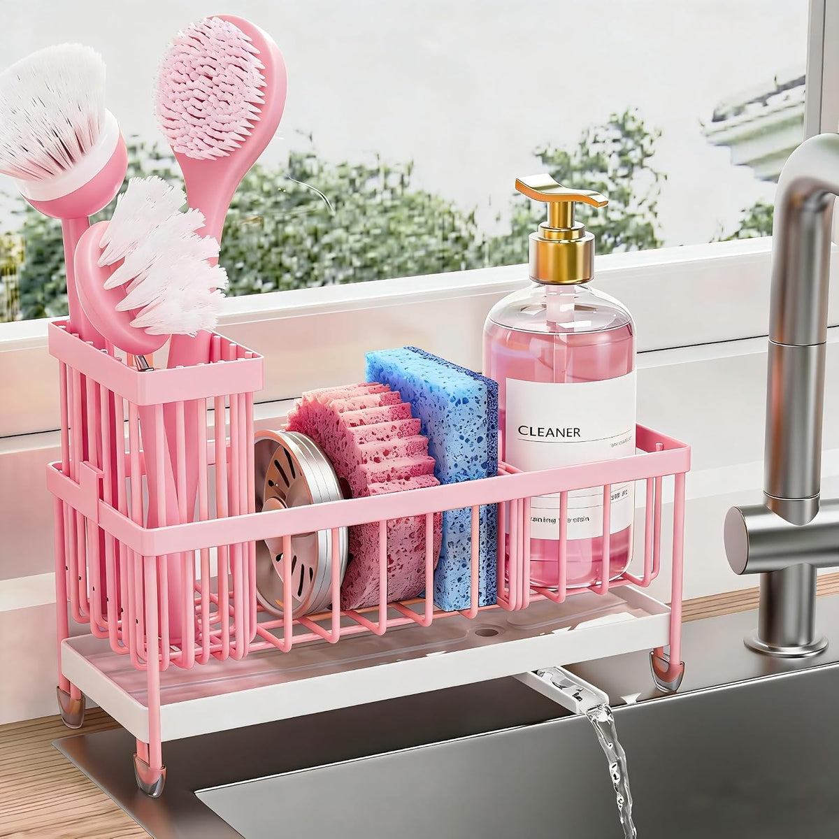 Cisily Sponge Holder for Kitchen Sink, Sink Organizer with Brush Holder | Kitchen Countertop Organizers and Storage Essentials, Rustproof 304 Stainless Steel (Black, 9.25″)