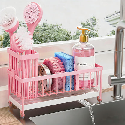 Cisily Sponge Holder for Kitchen Sink, Sink Organizer with Brush Holder | Kitchen Countertop Organizers and Storage Essentials, Rustproof 304 Stainless Steel (Black, 9.25″)
