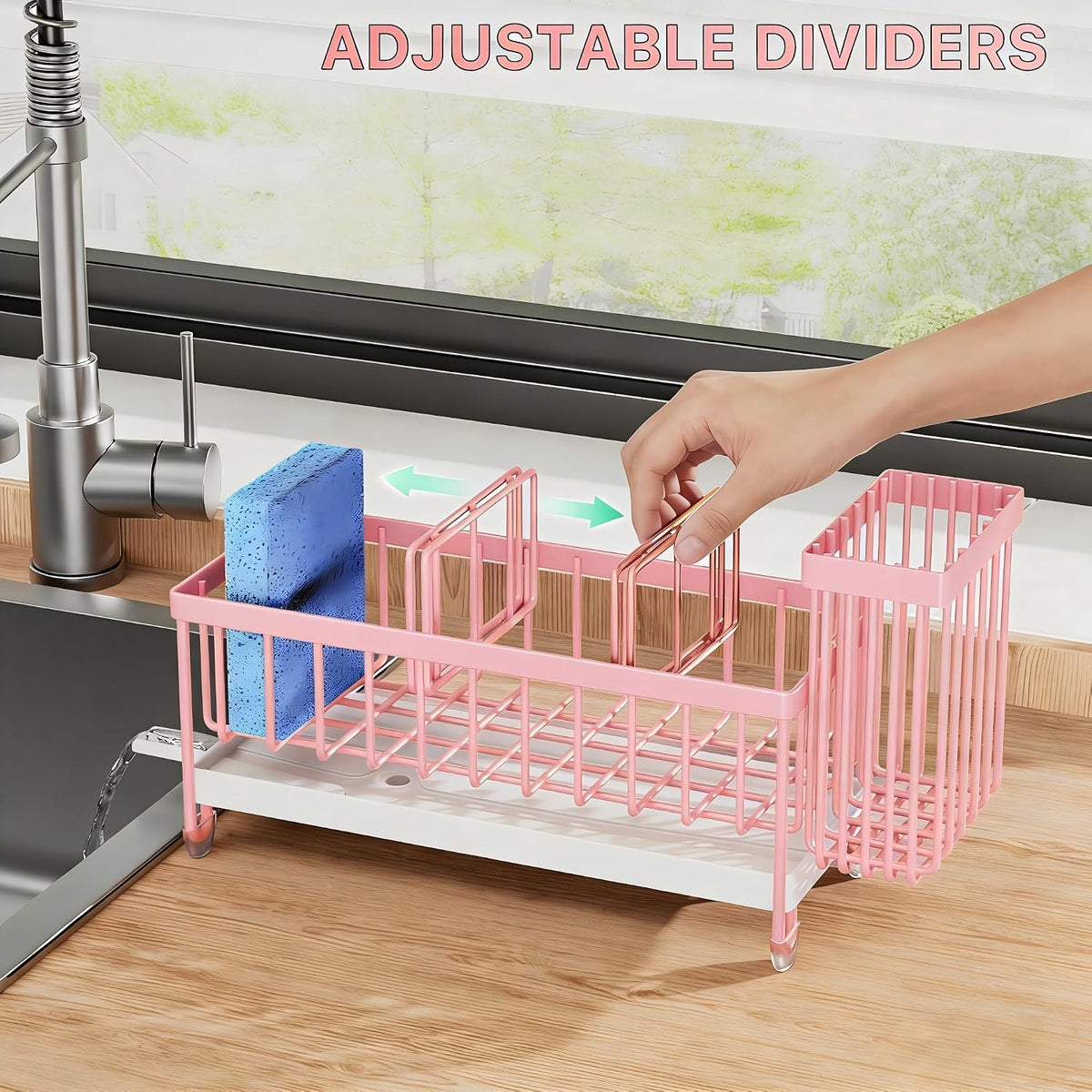 Cisily Sponge Holder for Kitchen Sink, Sink Organizer with Brush Holder | Kitchen Countertop Organizers and Storage Essentials, Rustproof 304 Stainless Steel (Black, 9.25″)
