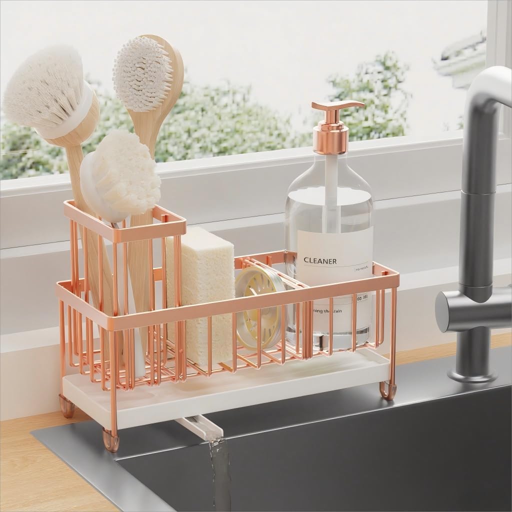 Cisily Sponge Holder for Kitchen Sink, Sink Organizer with Brush Holder | Kitchen Countertop Organizers and Storage Essentials, Rustproof 304 Stainless Steel (Black, 9.25″)