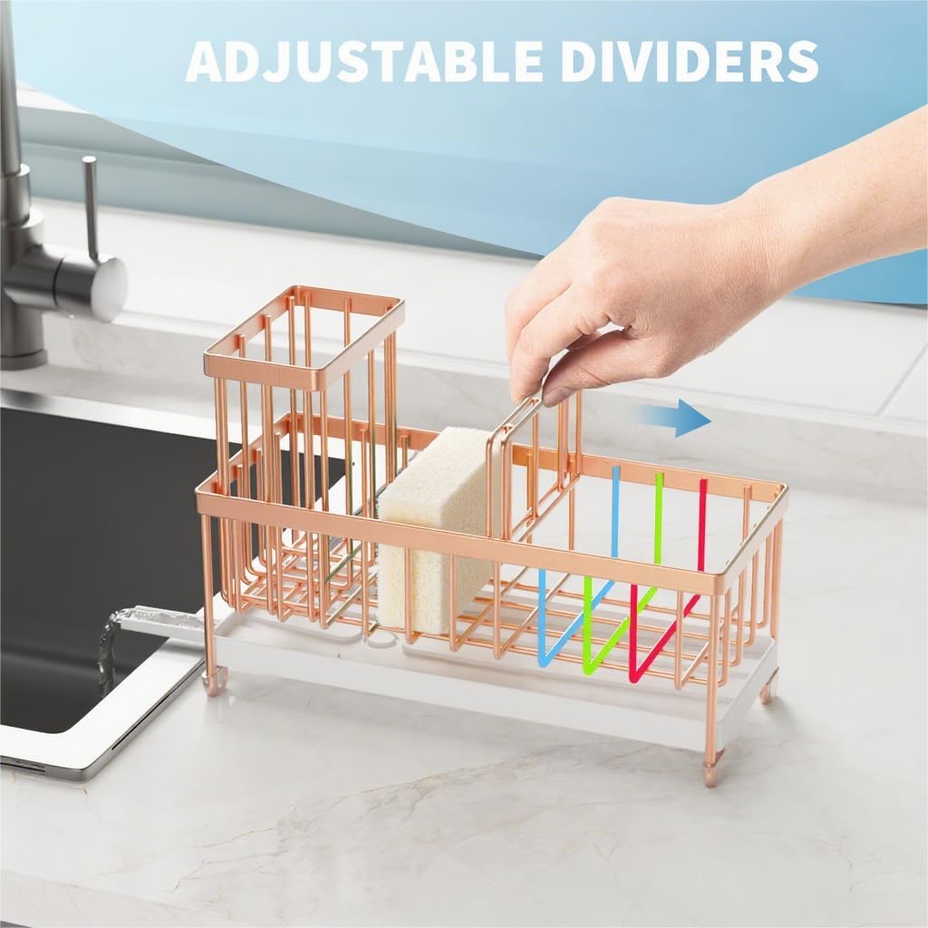 Cisily Sponge Holder for Kitchen Sink, Sink Organizer with Brush Holder | Kitchen Countertop Organizers and Storage Essentials, Rustproof 304 Stainless Steel (Black, 9.25″)