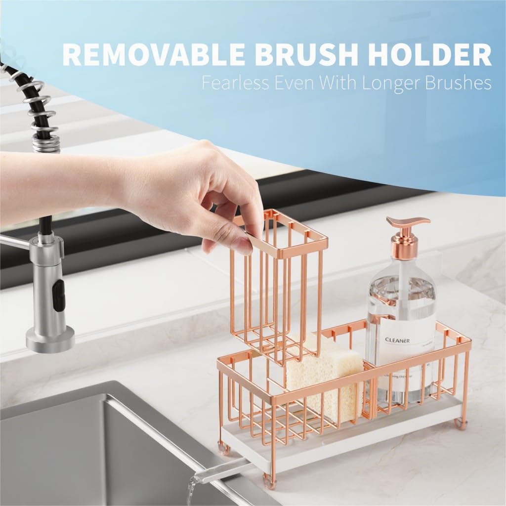 Cisily Sponge Holder for Kitchen Sink, Sink Organizer with Brush Holder | Kitchen Countertop Organizers and Storage Essentials, Rustproof 304 Stainless Steel (Black, 9.25″)