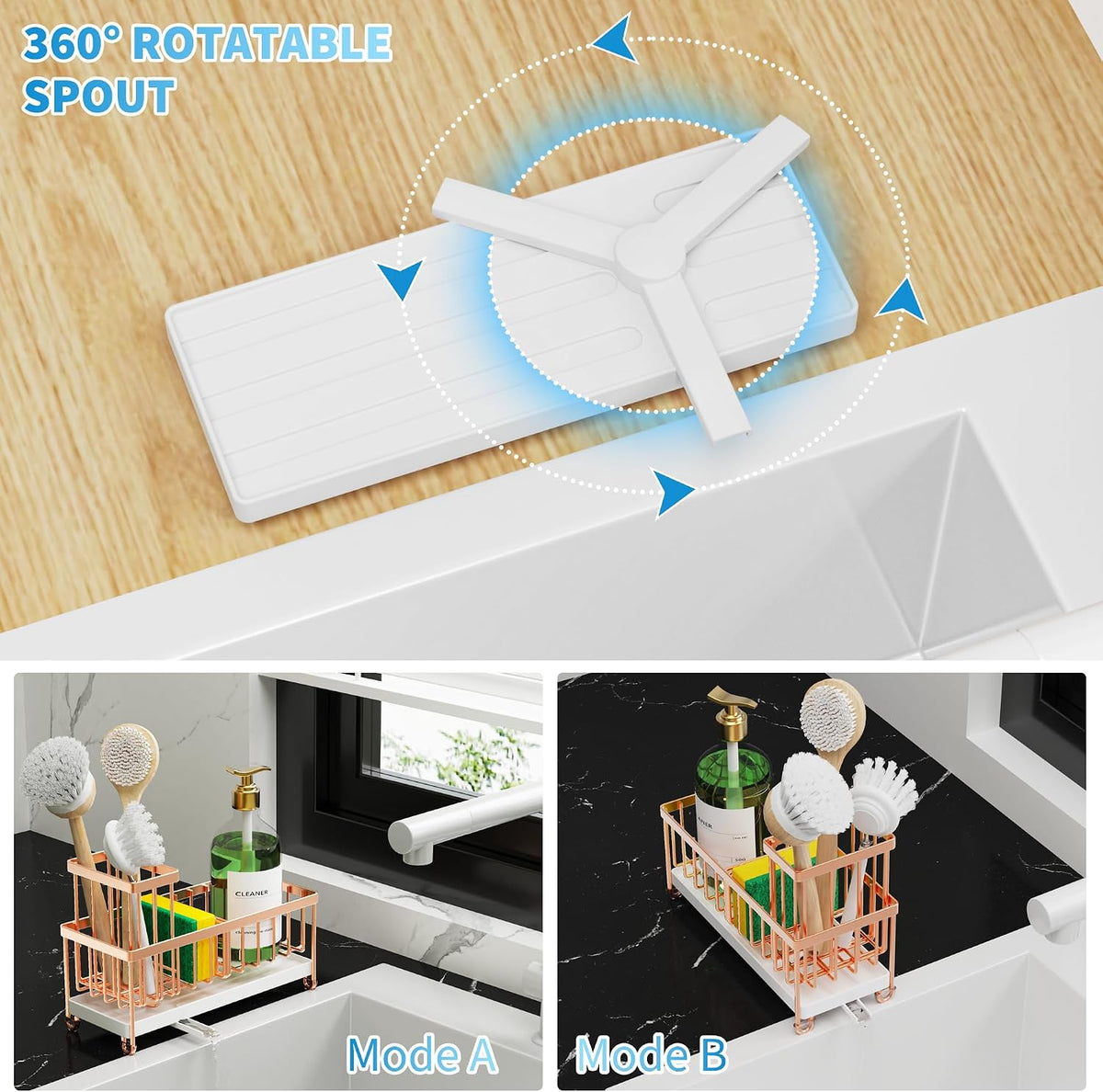 Cisily Sponge Holder for Kitchen Sink, Sink Organizer with Brush Holder | Kitchen Countertop Organizers and Storage Essentials, Rustproof 304 Stainless Steel (Black, 9.25″)