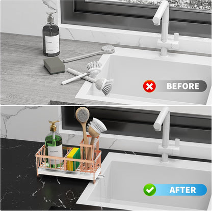 Cisily Sponge Holder for Kitchen Sink, Sink Organizer with Brush Holder | Kitchen Countertop Organizers and Storage Essentials, Rustproof 304 Stainless Steel (Black, 9.25″)