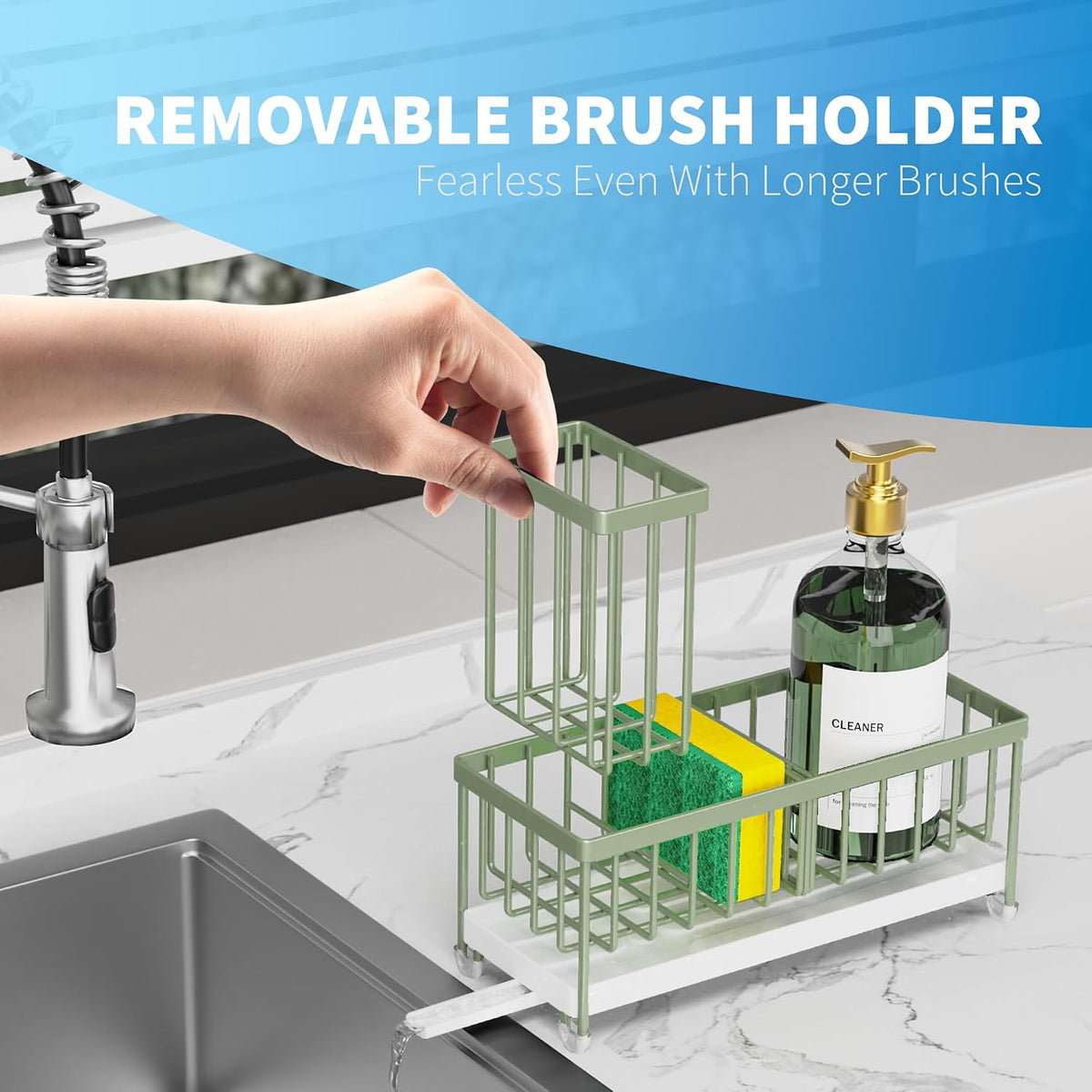 Cisily Sponge Holder for Kitchen Sink, Sink Organizer with Brush Holder | Kitchen Countertop Organizers and Storage Essentials, Rustproof 304 Stainless Steel (Black, 9.25″)