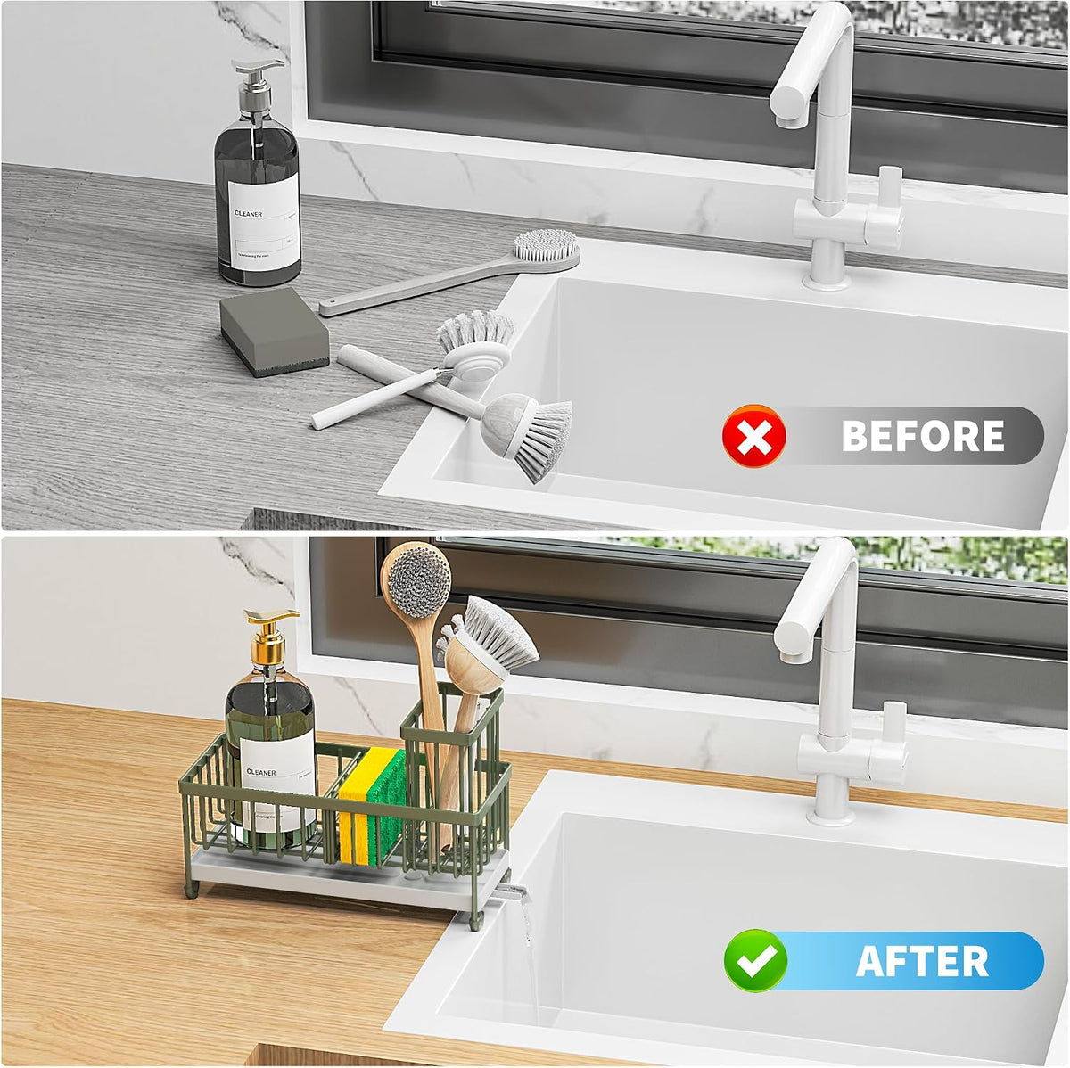 Cisily Sponge Holder for Kitchen Sink, Sink Organizer with Brush Holder | Kitchen Countertop Organizers and Storage Essentials, Rustproof 304 Stainless Steel (Black, 9.25″)