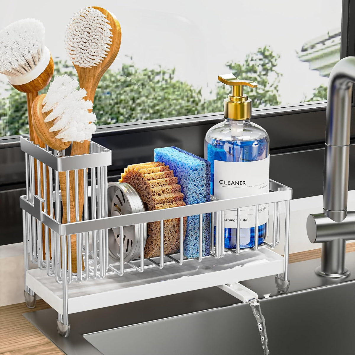 Cisily Sponge Holder for Kitchen Sink, Sink Organizer with Brush Holder | Kitchen Countertop Organizers and Storage Essentials, Rustproof 304 Stainless Steel (Black, 9.25″)