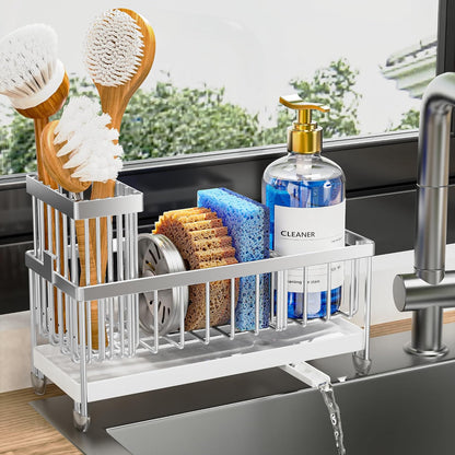 Cisily Sponge Holder for Kitchen Sink, Sink Organizer with Brush Holder | Kitchen Countertop Organizers and Storage Essentials, Rustproof 304 Stainless Steel (Black, 9.25″)
