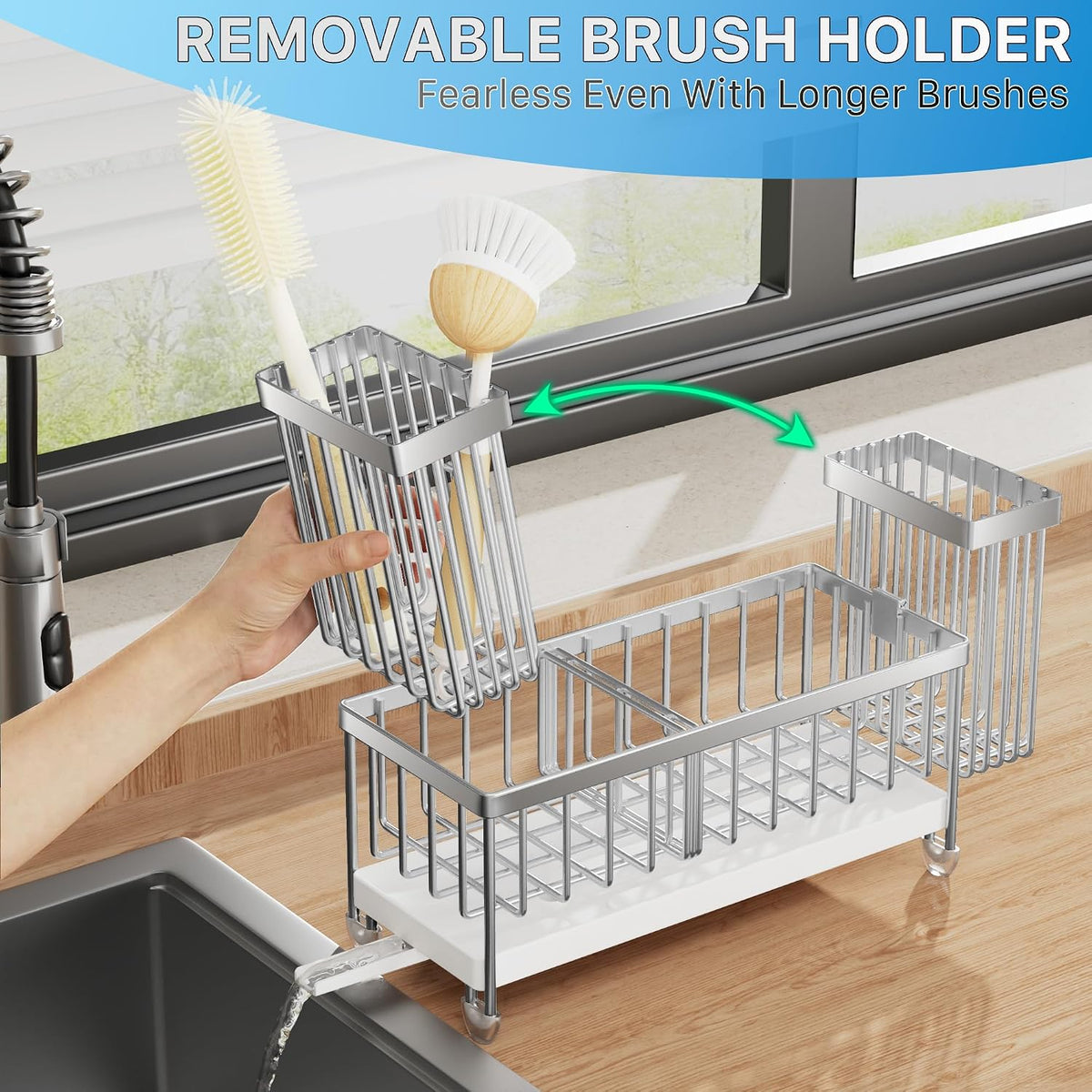 Cisily Sponge Holder for Kitchen Sink, Sink Organizer with Brush Holder | Kitchen Countertop Organizers and Storage Essentials, Rustproof 304 Stainless Steel (Black, 9.25″)
