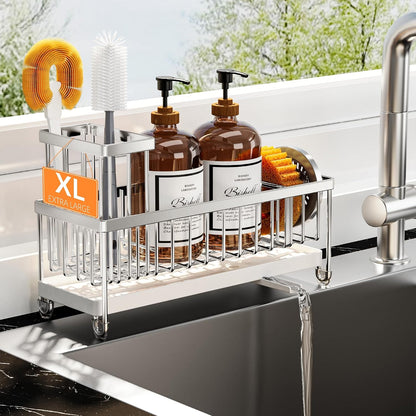 Cisily Sponge Holder for Kitchen Sink, Sink Organizer with Brush Holder | Kitchen Countertop Organizers and Storage Essentials, Rustproof 304 Stainless Steel (Black, 9.25″)