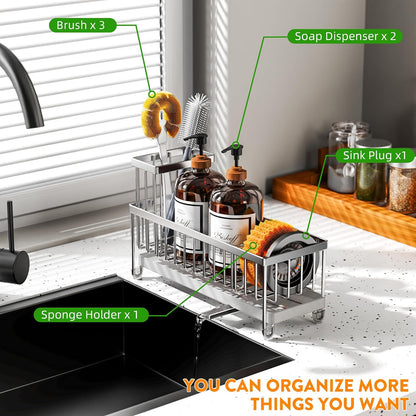 Cisily Sponge Holder for Kitchen Sink, Sink Organizer with Brush Holder | Kitchen Countertop Organizers and Storage Essentials, Rustproof 304 Stainless Steel (Black, 9.25″)