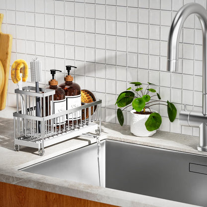 Cisily Sponge Holder for Kitchen Sink, Sink Organizer with Brush Holder | Kitchen Countertop Organizers and Storage Essentials, Rustproof 304 Stainless Steel (Black, 9.25″)