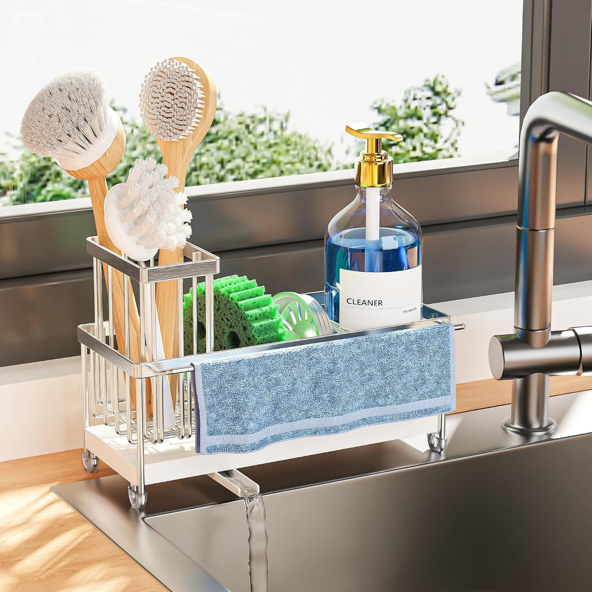 Cisily Sponge Holder for Kitchen Sink, Sink Organizer with Brush Holder | Kitchen Countertop Organizers and Storage Essentials, Rustproof 304 Stainless Steel (Black, 9.25″)