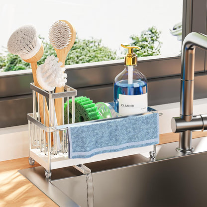 Cisily Sponge Holder for Kitchen Sink, Sink Organizer with Brush Holder | Kitchen Countertop Organizers and Storage Essentials, Rustproof 304 Stainless Steel (Black, 9.25″)