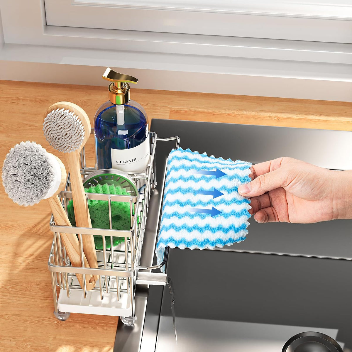 Cisily Sponge Holder for Kitchen Sink, Sink Organizer with Brush Holder | Kitchen Countertop Organizers and Storage Essentials, Rustproof 304 Stainless Steel (Black, 9.25″)