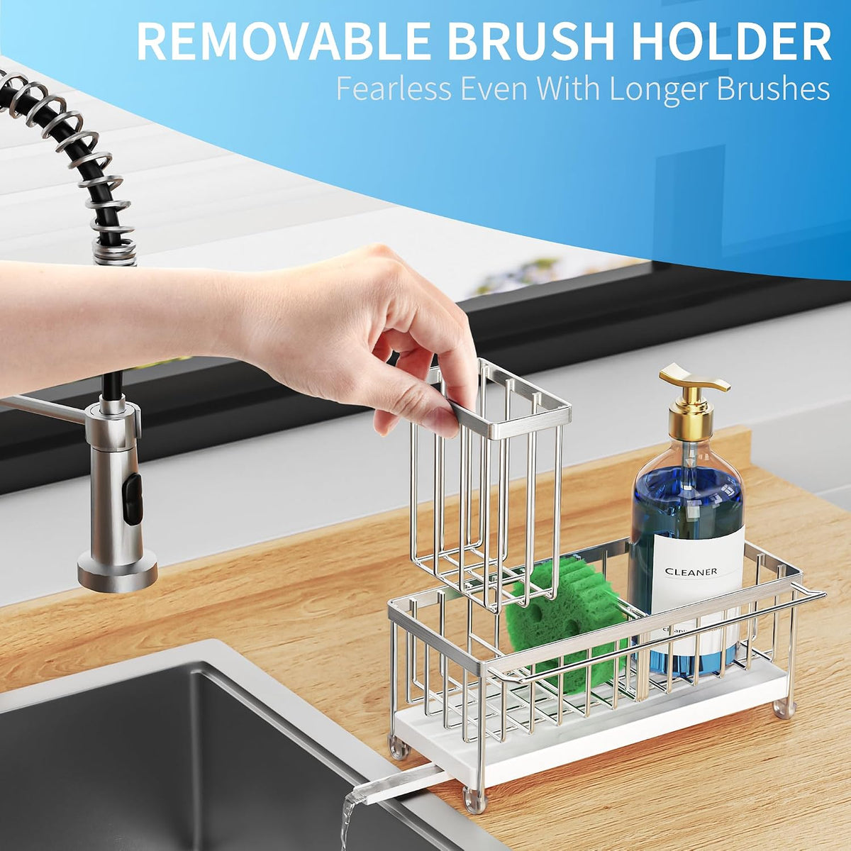 Cisily Sponge Holder for Kitchen Sink, Sink Organizer with Brush Holder | Kitchen Countertop Organizers and Storage Essentials, Rustproof 304 Stainless Steel (Black, 9.25″)