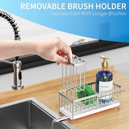 Cisily Sponge Holder for Kitchen Sink, Sink Organizer with Brush Holder | Kitchen Countertop Organizers and Storage Essentials, Rustproof 304 Stainless Steel (Black, 9.25″)