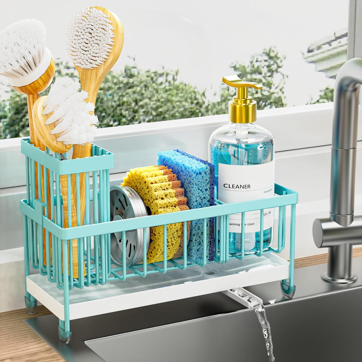 Cisily Sponge Holder for Kitchen Sink, Sink Organizer with Brush Holder | Kitchen Countertop Organizers and Storage Essentials, Rustproof 304 Stainless Steel (Black, 9.25″)