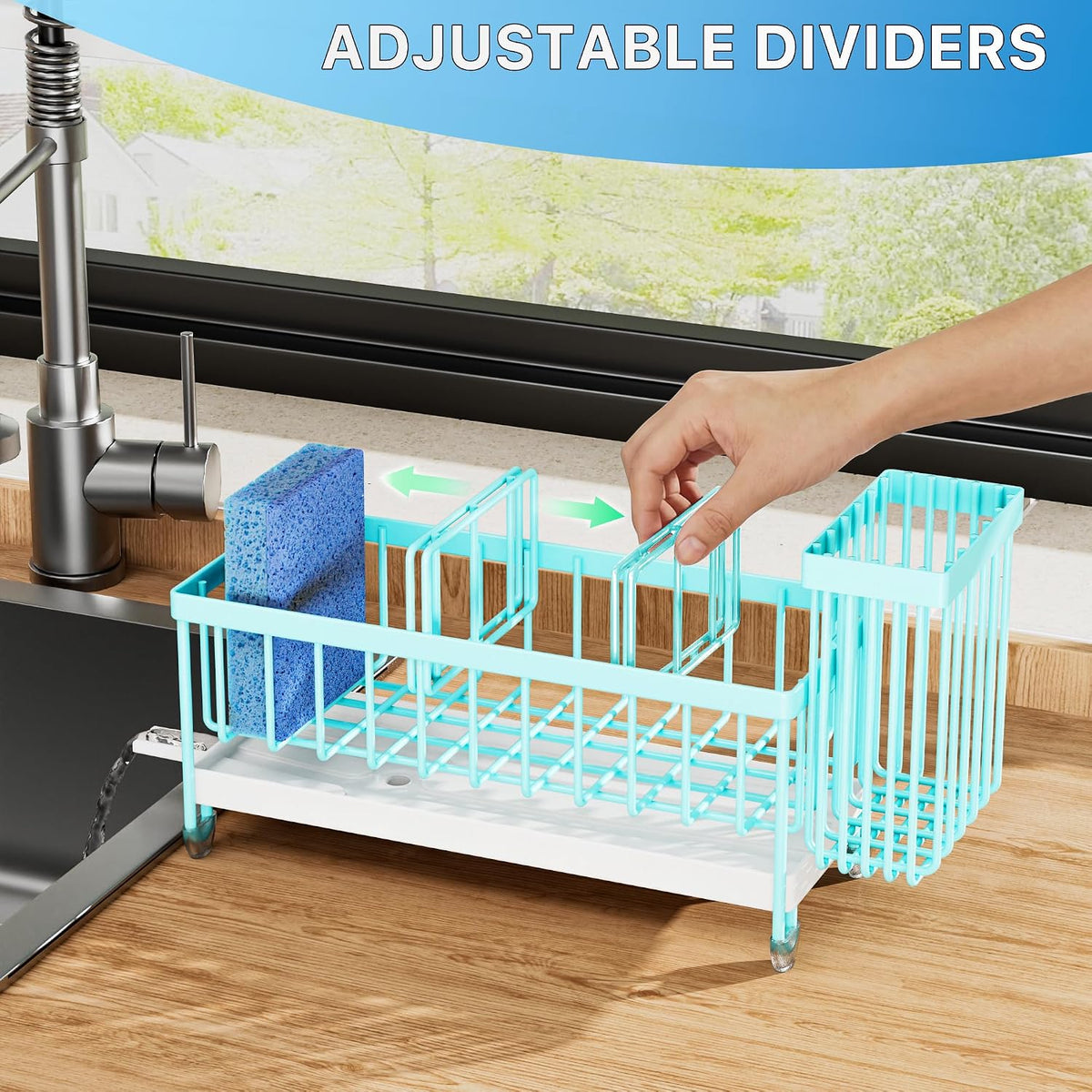 Cisily Sponge Holder for Kitchen Sink, Sink Organizer with Brush Holder | Kitchen Countertop Organizers and Storage Essentials, Rustproof 304 Stainless Steel (Black, 9.25″)
