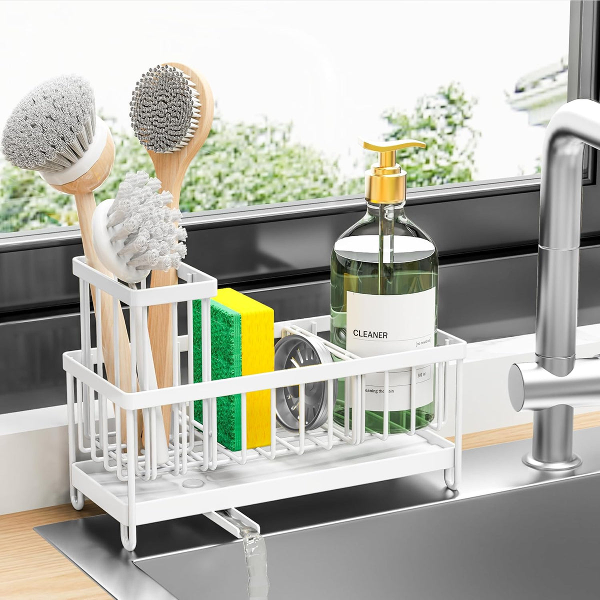 Cisily Sponge Holder for Kitchen Sink, Sink Organizer with Brush Holder | Kitchen Countertop Organizers and Storage Essentials, Rustproof 304 Stainless Steel (Black, 9.25″)