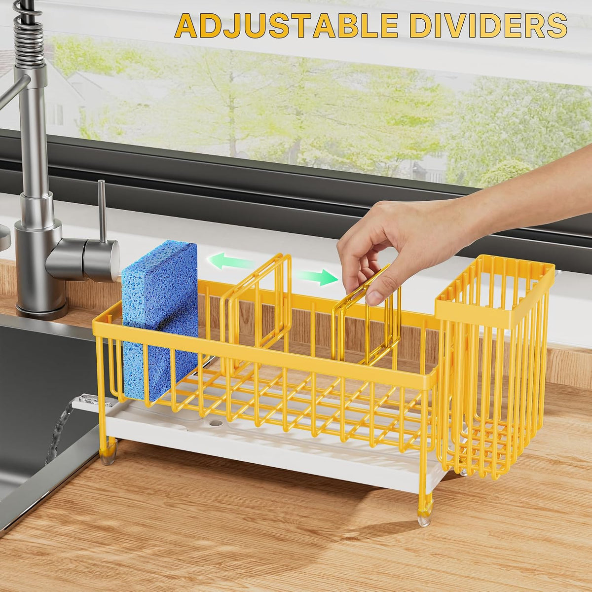 Cisily Sponge Holder for Kitchen Sink, Sink Organizer with Brush Holder | Kitchen Countertop Organizers and Storage Essentials, Rustproof 304 Stainless Steel (Black, 9.25″)