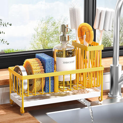 Cisily Sponge Holder for Kitchen Sink, Sink Organizer with Brush Holder | Kitchen Countertop Organizers and Storage Essentials, Rustproof 304 Stainless Steel (Black, 9.25″)