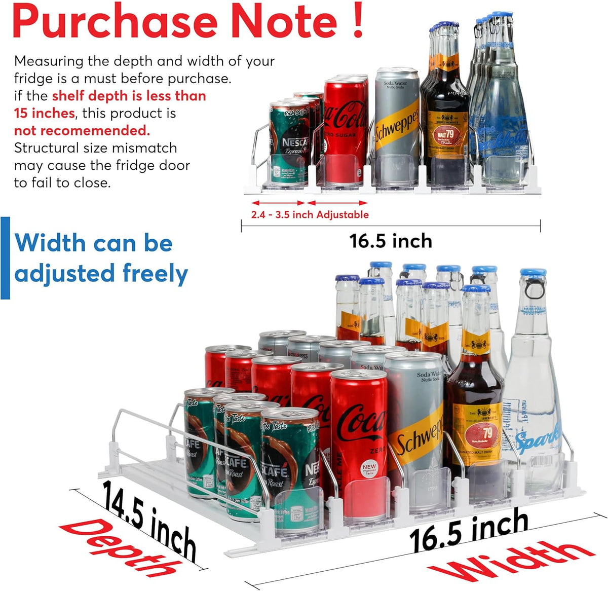 Drink Organizer for Fridge with Pusher Glide, 5 Rows Spring Loaded Fridge Drink Dispenser, Self Pushing Soda Can Organizer for Refrigerator, Bottle Beverage Organizer for Fridge Drink Holder