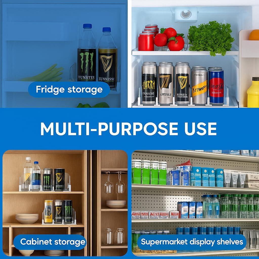 Drink Organizer for Fridge with Pusher Glide, 5 Rows Spring Loaded Fridge Drink Dispenser, Self Pushing Soda Can Organizer for Refrigerator, Bottle Beverage Organizer for Fridge Drink Holder