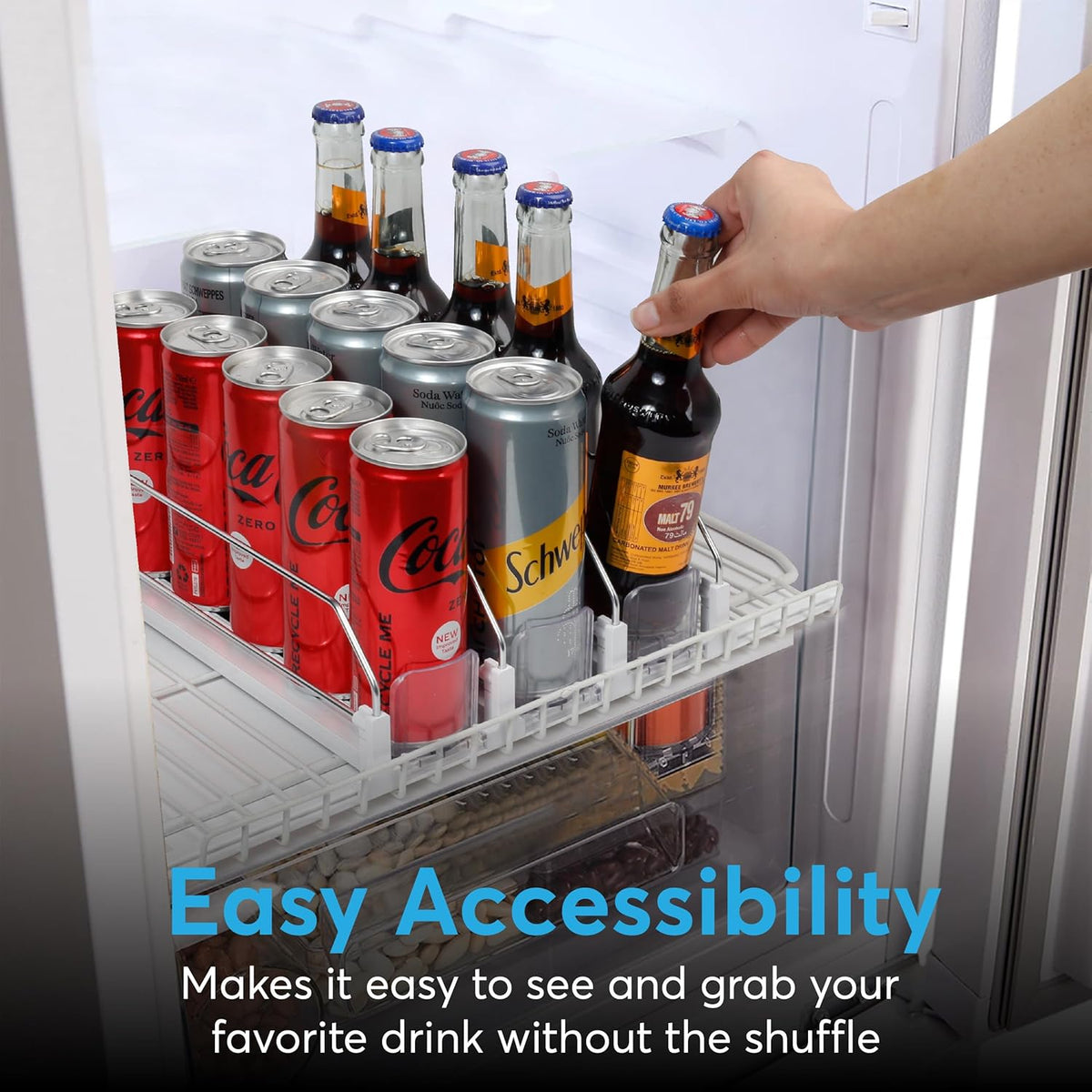 Drink Organizer for Fridge with Pusher Glide, 5 Rows Spring Loaded Fridge Drink Dispenser, Self Pushing Soda Can Organizer for Refrigerator, Bottle Beverage Organizer for Fridge Drink Holder