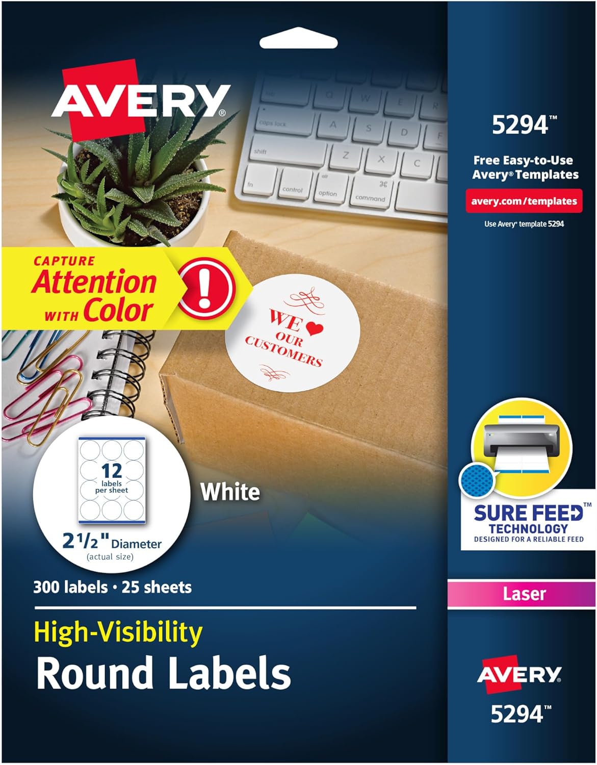Round Printable Labels, 2.5" Diameter, Matte White, Sure Feed Technology, Laser & Inkjet Compatible, 300 Blank Labels Total, Great for Branding, Packages, School Supplies, and More (5294)