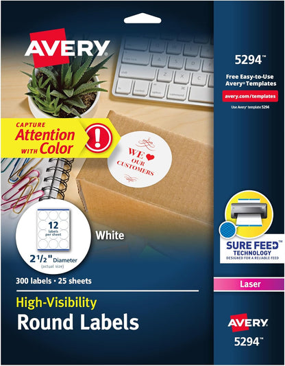 Round Printable Labels, 2.5" Diameter, Matte White, Sure Feed Technology, Laser & Inkjet Compatible, 300 Blank Labels Total, Great for Branding, Packages, School Supplies, and More (5294)