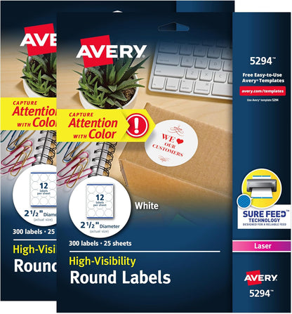 Round Printable Labels, 2.5" Diameter, Matte White, Sure Feed Technology, Laser & Inkjet Compatible, 300 Blank Labels Total, Great for Branding, Packages, School Supplies, and More (5294)