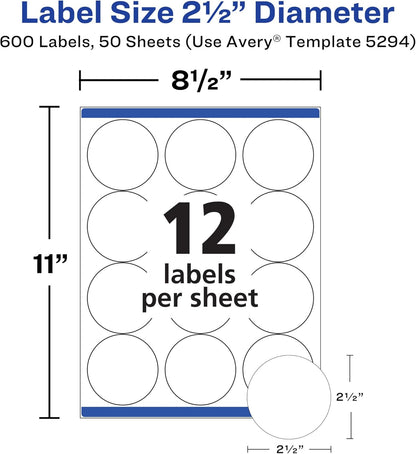Round Printable Labels, 2.5" Diameter, Matte White, Sure Feed Technology, Laser & Inkjet Compatible, 300 Blank Labels Total, Great for Branding, Packages, School Supplies, and More (5294)