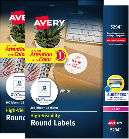 Round Printable Labels, 2.5" Diameter, Matte White, Sure Feed Technology, Laser & Inkjet Compatible, 300 Blank Labels Total, Great for Branding, Packages, School Supplies, and More (5294)