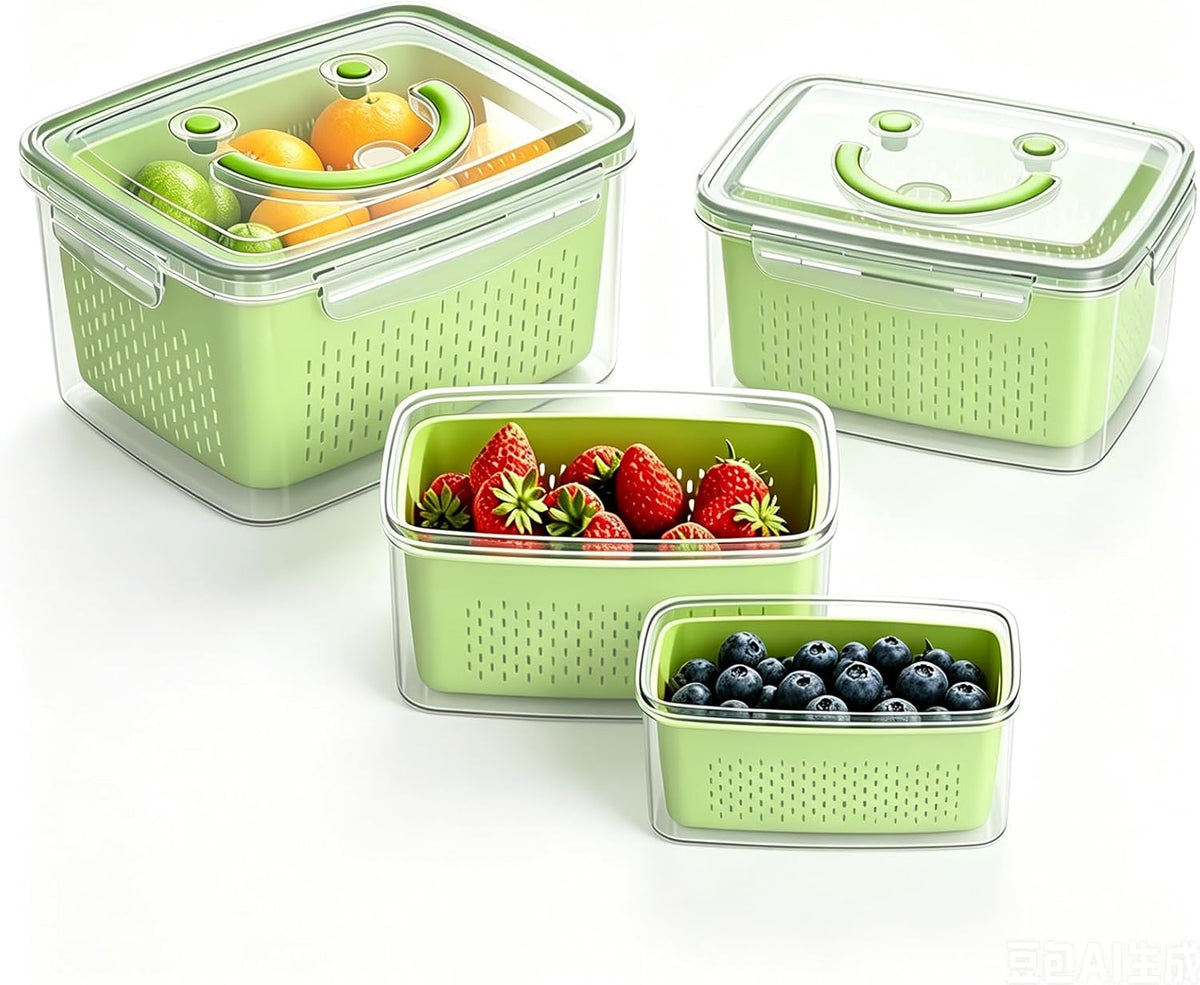 4 PCS Fruit Storage Containers for Fridge-Features removable Colander,All-in-One Fruit Washing Bowl & Colander,Microwave/Dishwasher Safe for Berry,Lettuce,Salad & Meat Fresh Longer,Green