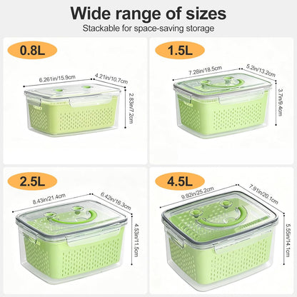 4 PCS Fruit Storage Containers for Fridge-Features removable Colander,All-in-One Fruit Washing Bowl & Colander,Microwave/Dishwasher Safe for Berry,Lettuce,Salad & Meat Fresh Longer,Green