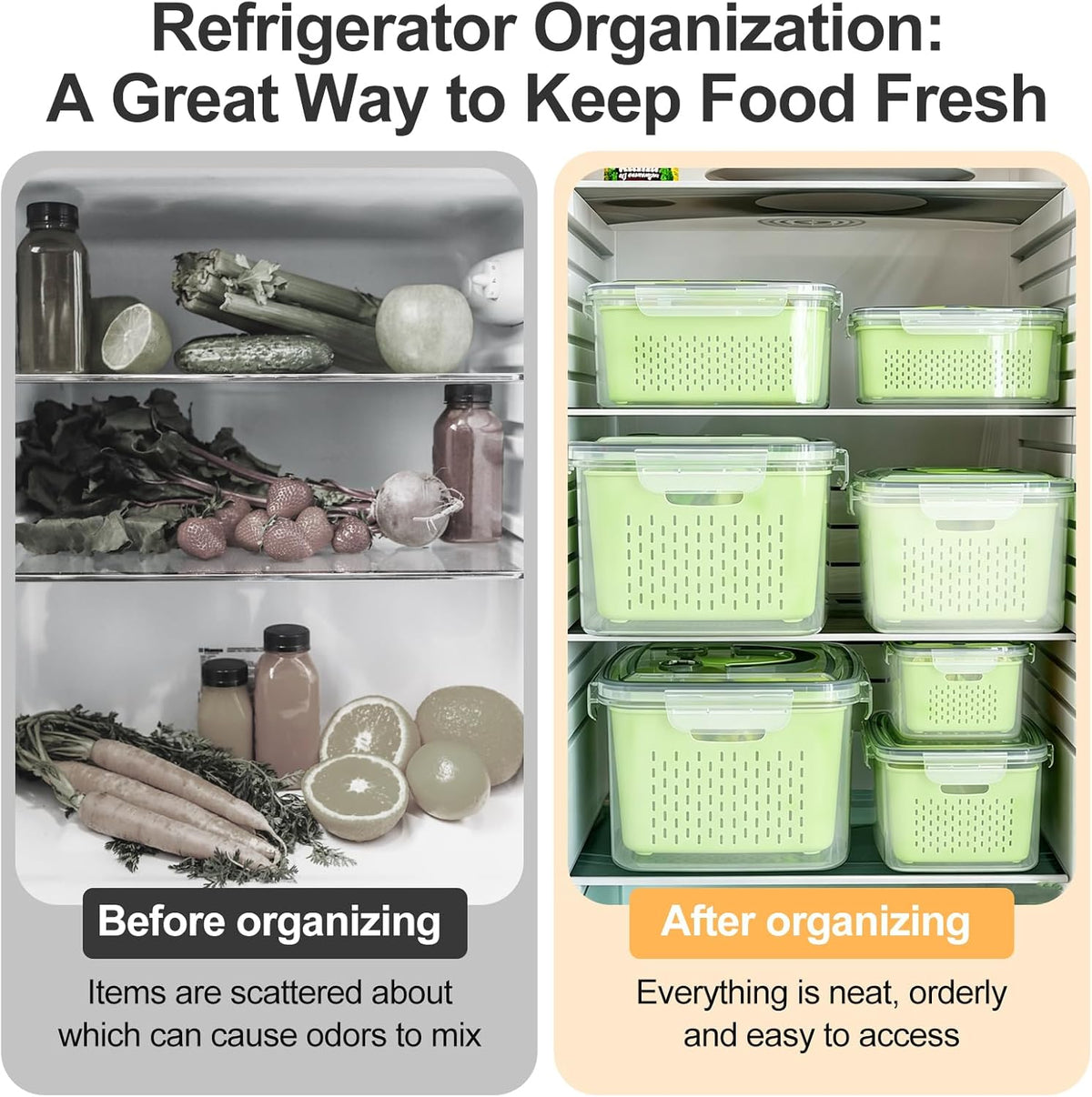 4 PCS Fruit Storage Containers for Fridge-Features removable Colander,All-in-One Fruit Washing Bowl & Colander,Microwave/Dishwasher Safe for Berry,Lettuce,Salad & Meat Fresh Longer,Green