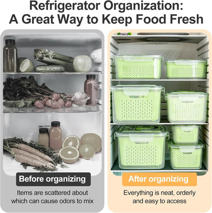 4 PCS Fruit Storage Containers for Fridge-Features removable Colander,All-in-One Fruit Washing Bowl & Colander,Microwave/Dishwasher Safe for Berry,Lettuce,Salad & Meat Fresh Longer,Green