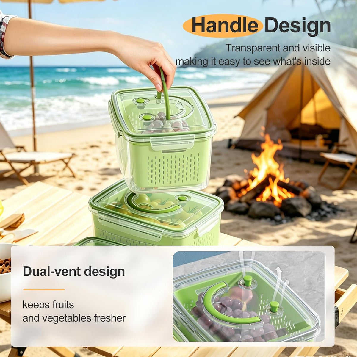 4 PCS Fruit Storage Containers for Fridge-Features removable Colander,All-in-One Fruit Washing Bowl & Colander,Microwave/Dishwasher Safe for Berry,Lettuce,Salad & Meat Fresh Longer,Green