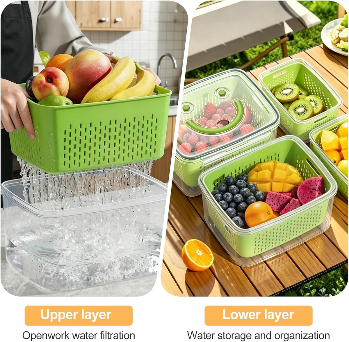 4 PCS Fruit Storage Containers for Fridge-Features removable Colander,All-in-One Fruit Washing Bowl & Colander,Microwave/Dishwasher Safe for Berry,Lettuce,Salad & Meat Fresh Longer,Green