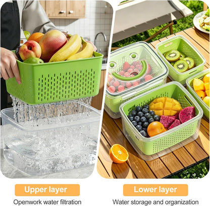 4 PCS Fruit Storage Containers for Fridge-Features removable Colander,All-in-One Fruit Washing Bowl & Colander,Microwave/Dishwasher Safe for Berry,Lettuce,Salad & Meat Fresh Longer,Green
