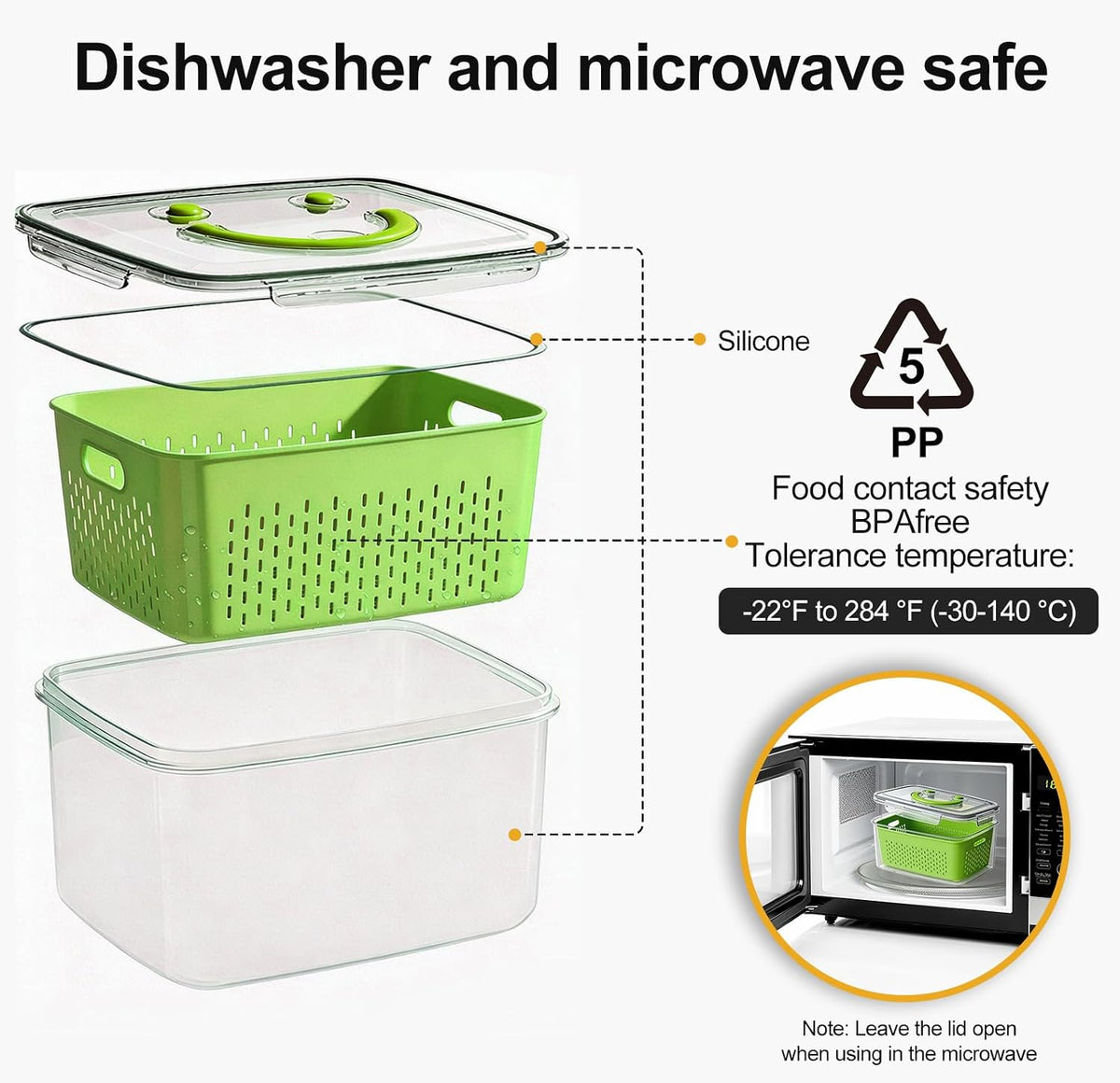 4 PCS Fruit Storage Containers for Fridge-Features removable Colander,All-in-One Fruit Washing Bowl & Colander,Microwave/Dishwasher Safe for Berry,Lettuce,Salad & Meat Fresh Longer,Green