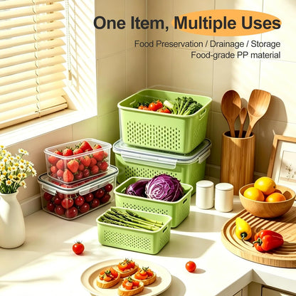 4 PCS Fruit Storage Containers for Fridge-Features removable Colander,All-in-One Fruit Washing Bowl & Colander,Microwave/Dishwasher Safe for Berry,Lettuce,Salad & Meat Fresh Longer,Green
