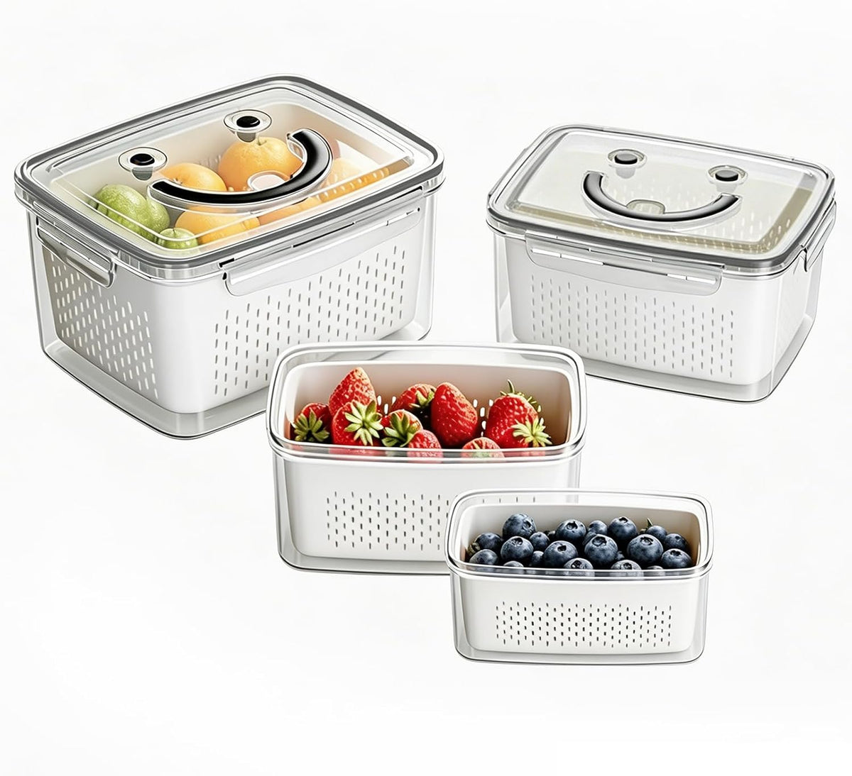 4 PCS Fruit Storage Containers for Fridge-Features removable Colander,All-in-One Fruit Washing Bowl & Colander,Microwave/Dishwasher Safe for Berry,Lettuce,Salad & Meat Fresh Longer,Green