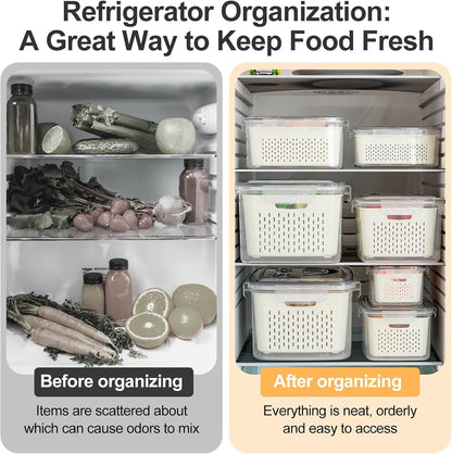4 PCS Fruit Storage Containers for Fridge-Features removable Colander,All-in-One Fruit Washing Bowl & Colander,Microwave/Dishwasher Safe for Berry,Lettuce,Salad & Meat Fresh Longer,Green